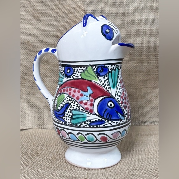 Cat Pitcher Vase Hand Painted Fish Art Pottery Kitsch Whimsical Coastal Grandma - Picture 4 of 8